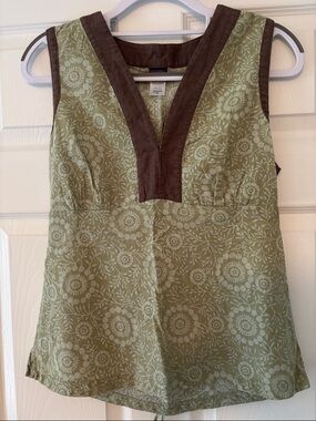 Patagonia Green Floral Tank with Brown V-Neck Trim